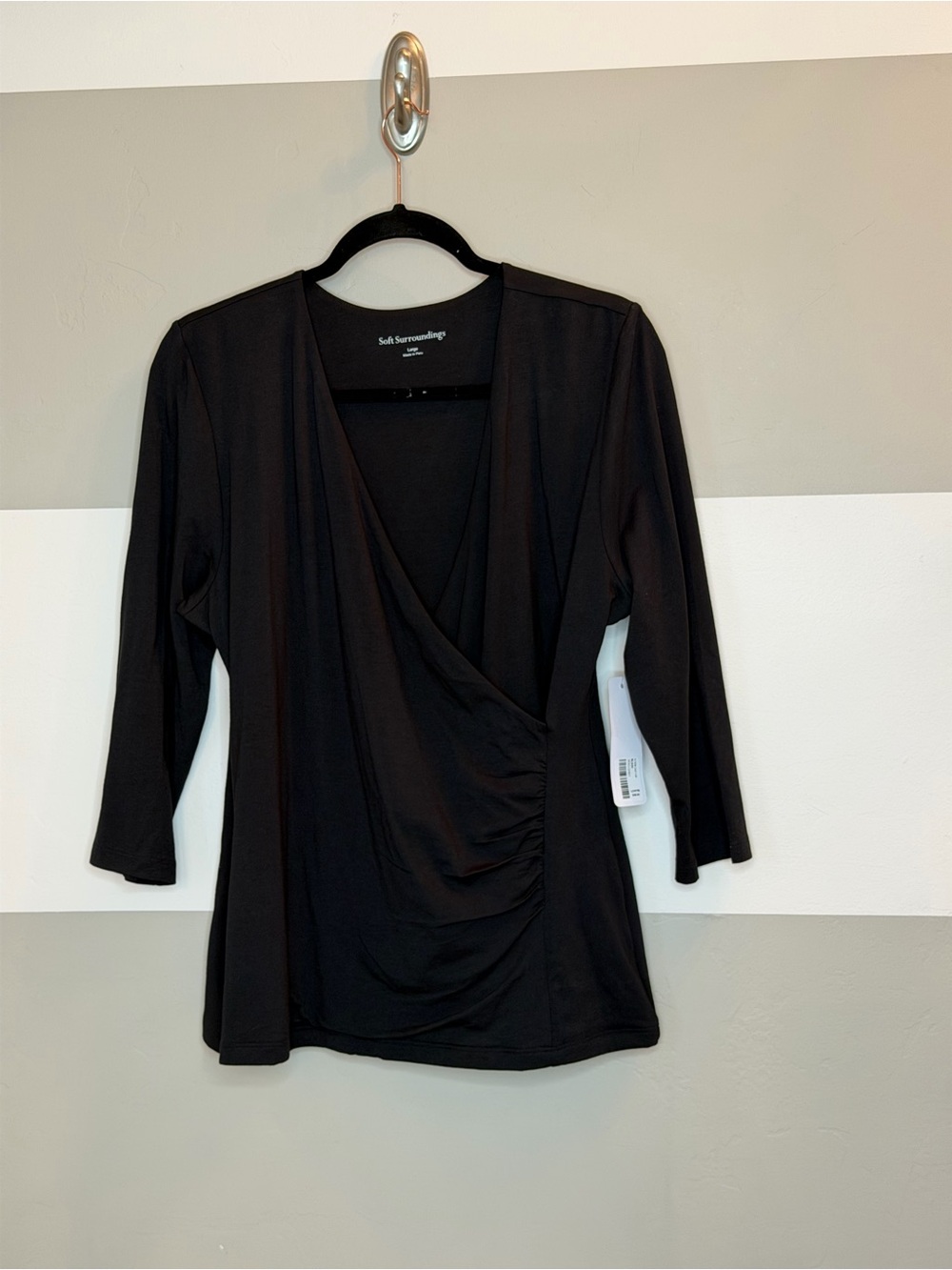 Soft Surroundings NWT Alyssa knit Black Draped Wrap-Front Long Sleeve Top large